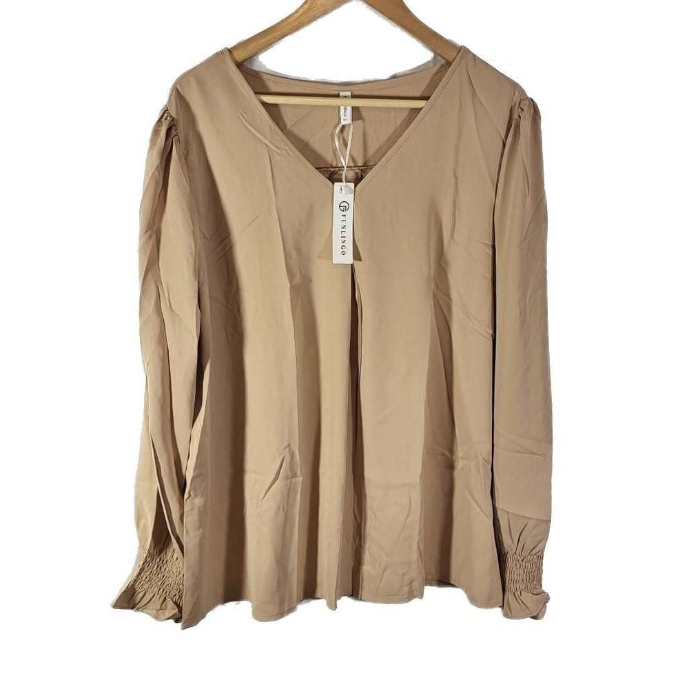 NWT FUNLINGO Puff Long Sleeve V-Neck Khaki Blouse, size 2XL